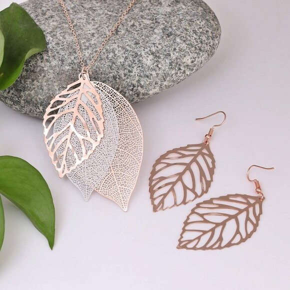 Leaf Earrings and Long Necklaces Set for Women Boho Gold-tone Multi Tiered Leave - Picture 6 of 6